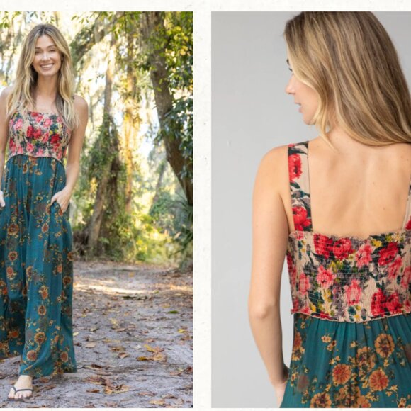 NWT Natural Life Sedona Jumpsuit! Teal mixed floral, size medium - Picture 2 of 6